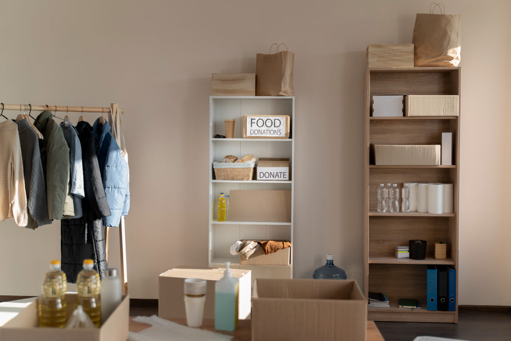 "Modern room with sleek storage cabinets neatly organizing items, demonstrating how smart storage can turn clutter into a tidy, functional space."