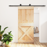 Sliding Door Natural and Black 90 x 210 cm Solid Pine Wood - Front View