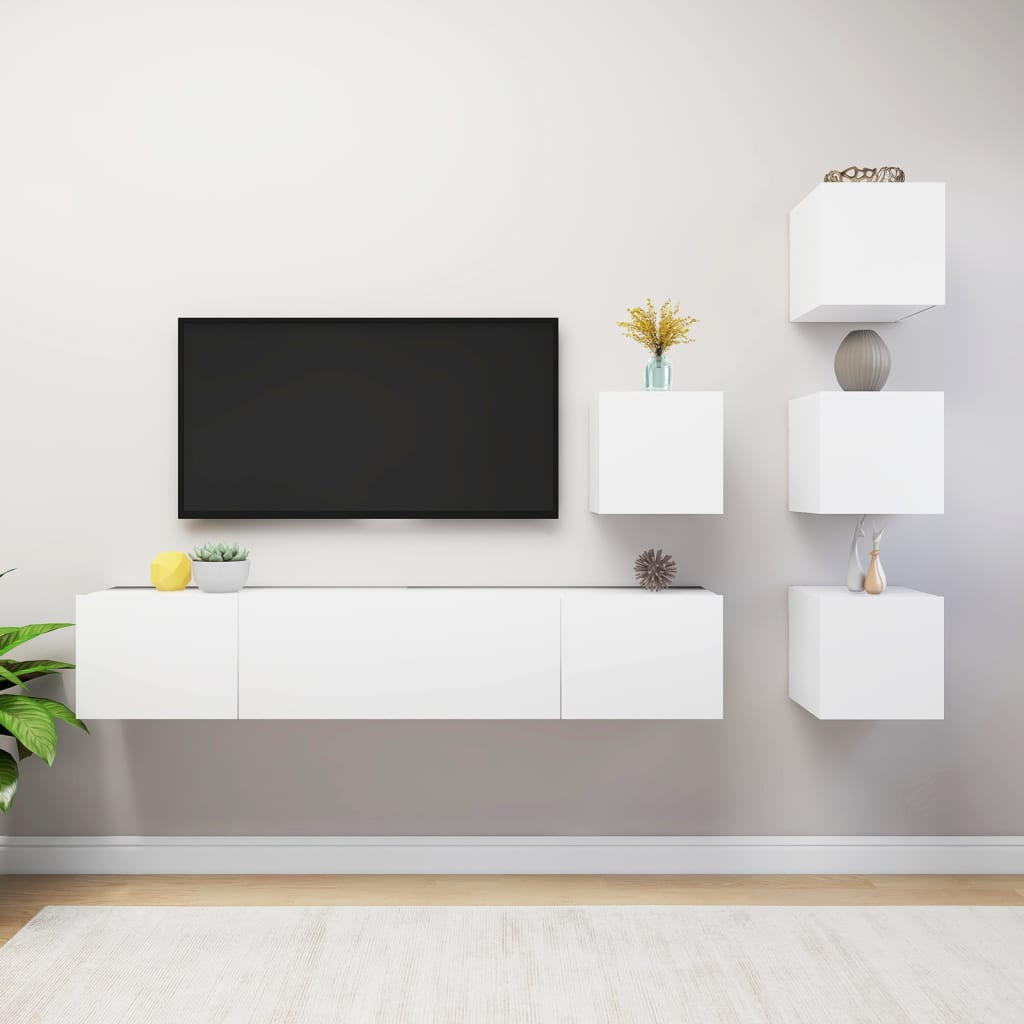 6 Piece TV Cabinet Set White Engineered Wood