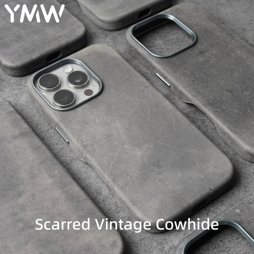 YMW Scars Crazy Horse Genuine Leather Case for iPhone 16 Pro Max 15 14 13 Mini Magnetic PULL-UP Frosty Cowhide Phone Cover