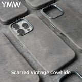 YMW Scars Crazy Horse Genuine Leather Case for iPhone 16 Pro Max 15 14 13 Mini Magnetic PULL-UP Frosty Cowhide Phone Cover