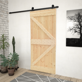 Sliding Door Natural and Black 90 x 210 cm Solid Pine Wood - Front View