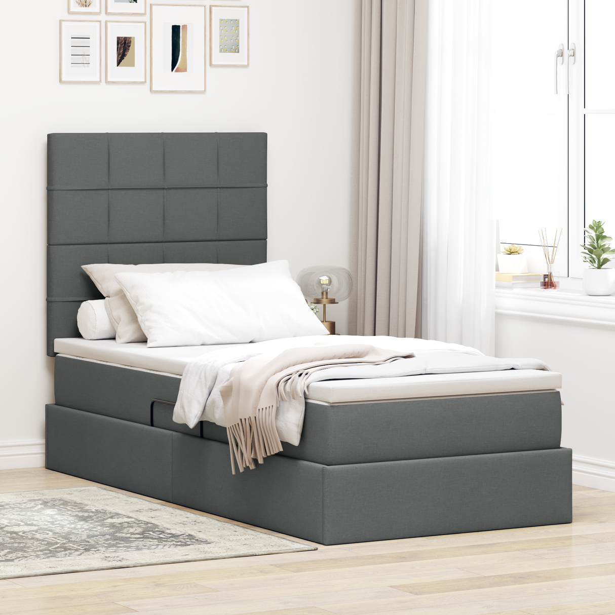 LED Storage Bed with Mattress Dark Grey 107 x 203 cm Fabric