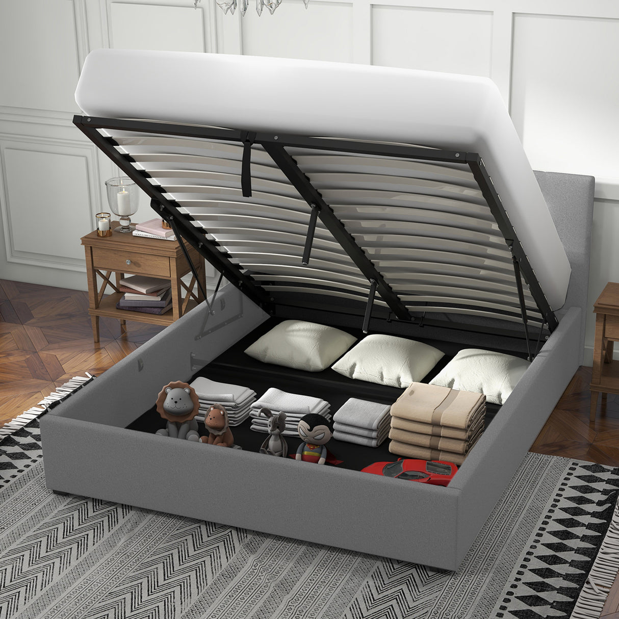 Milano Luxury Gas Lift Bed with Headboard (Model 1) - Grey No.28 - Double-1951134893945786371