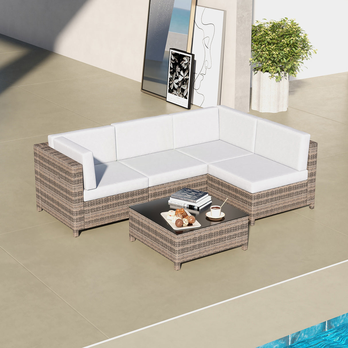 Milano Outdoor 5 PC Rattan Sofa Set Colour Oatmeal Seat & Black Coating (5 Boxes)-1951134907447250948