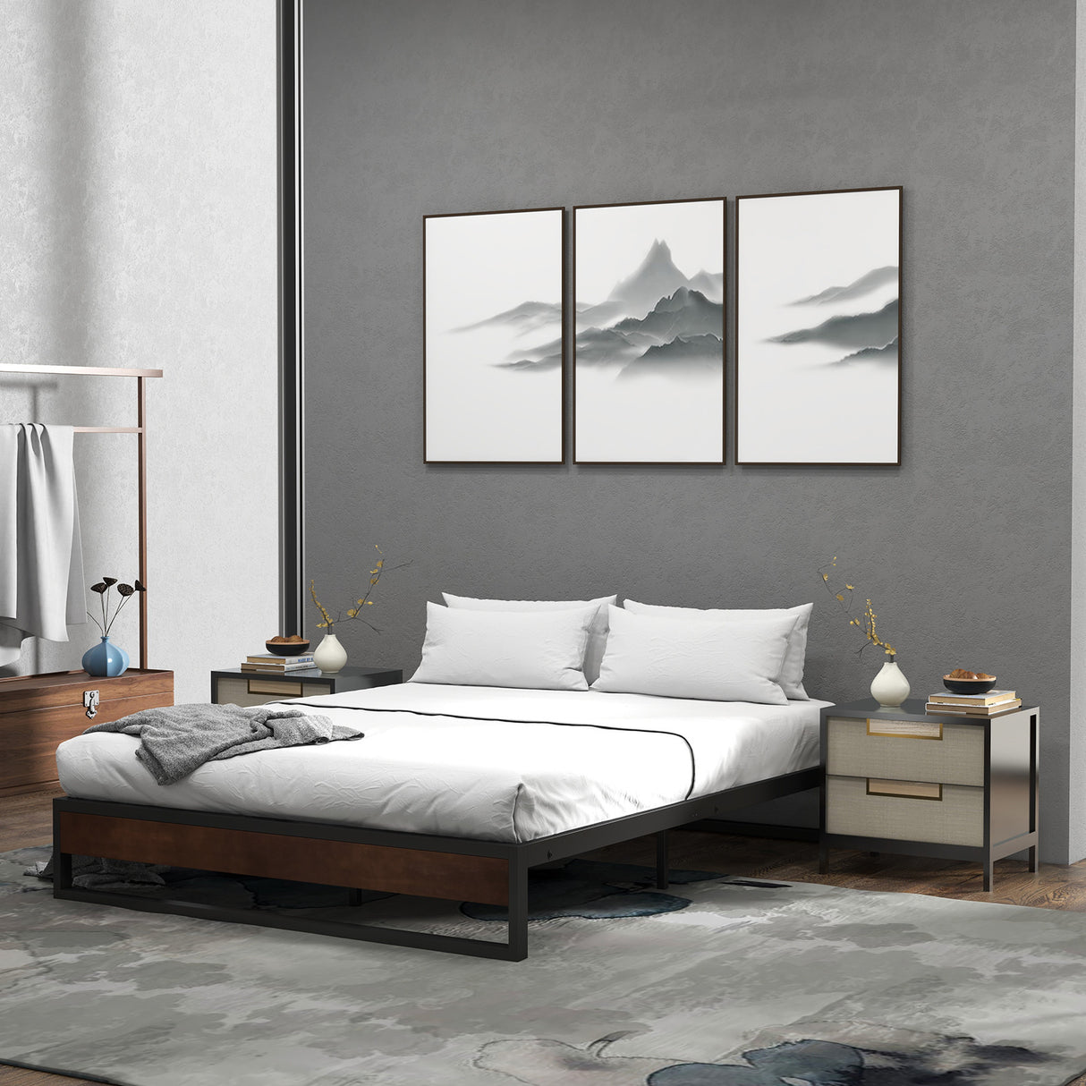 Sorrento Metal and Wood bed base - Double-1951134902615412743