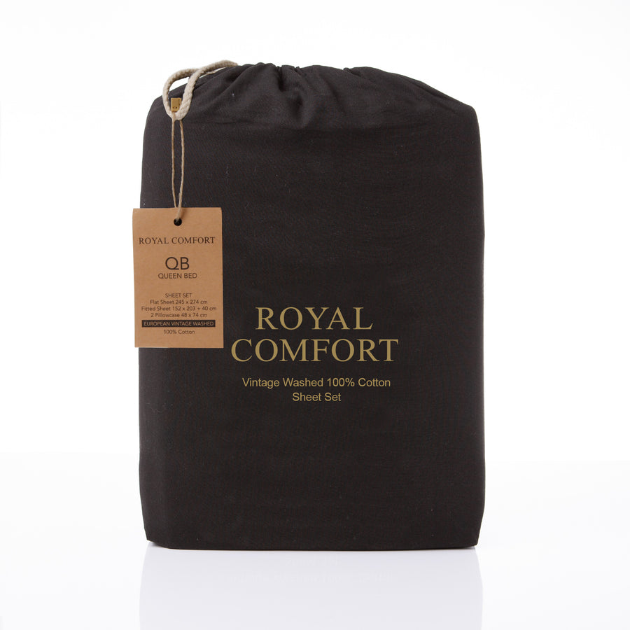 Royal Comfort Vintage Washed 100 % Cotton Sheet Set Double - Charcoal-1951134888006651911