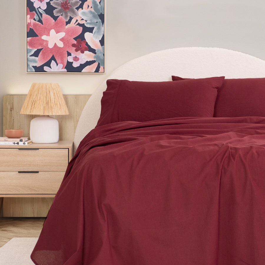 Royal Comfort Vintage Washed 100 % Cotton Sheet Set Double - Mulled Wine-1951134888400916481
