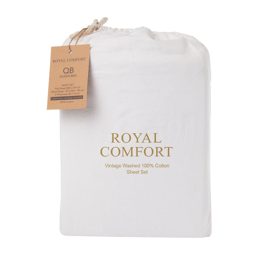 Royal Comfort Vintage Washed 100% Cotton Sheet Set Queen - White-1951134888623214595