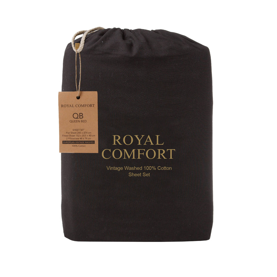 Royal Comfort Vintage Washed 100% Cotton Sheet Set Queen - Charcoal-1951134889139113987