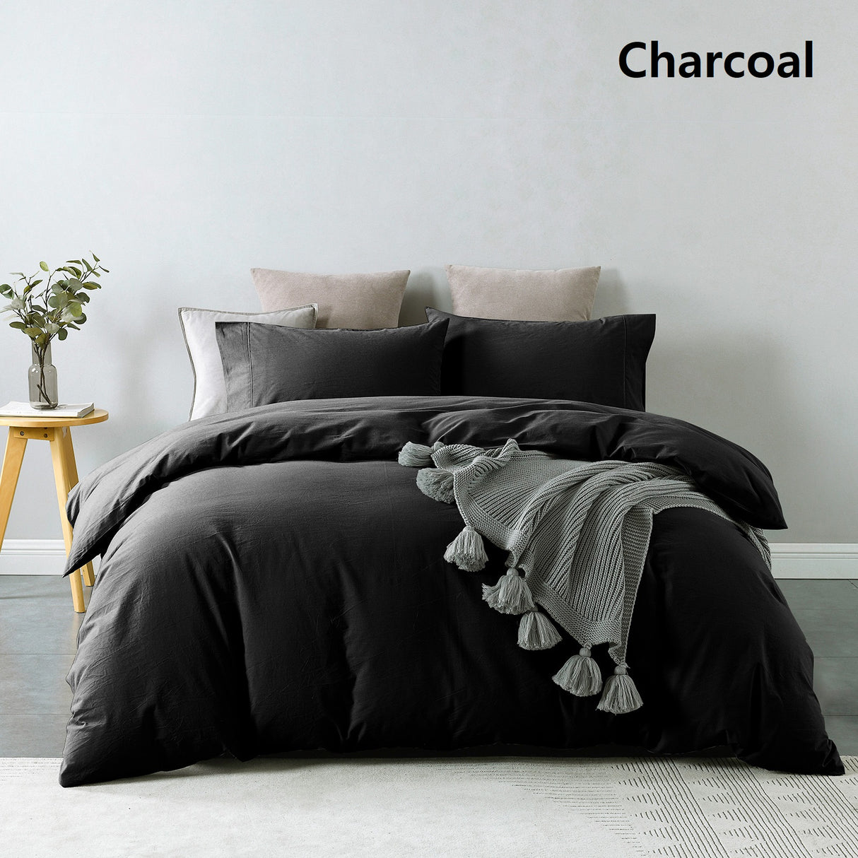Royal Comfort Vintage Washed 100 % Cotton Quilt Cover Set Queen - Charcoal-1951134833111601158