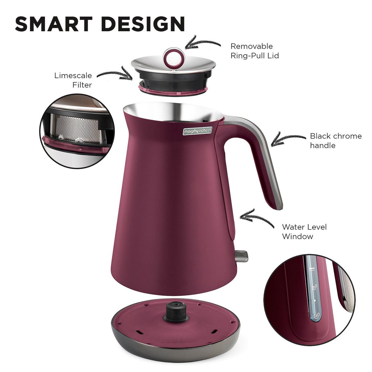 Morphy Richards 1.5L Aspect Black Chrome Kettle - Maroon