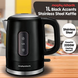 Morphy Richards 1L Accents Stainless Steel Electric Kettle Black - Front View