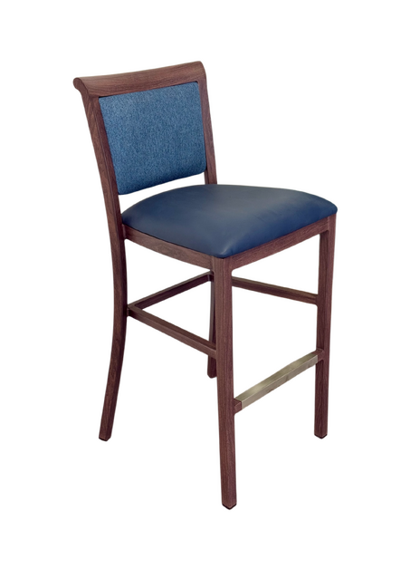 Hudson Bar Stool. Faux Leather Seat. Backrest in Blue fabric. Moisture resistant Seat. wipeable, comfortable, contemporary. 10 Year frame warranty