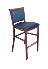 Hudson Bar Stool. Faux Leather Seat. Backrest in Blue fabric. Moisture resistant Seat. wipeable, comfortable, contemporary. 10 Year frame warranty
