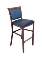 Hudson Bar Stool. Faux Leather Seat. Backrest in Blue fabric. Moisture resistant Seat. wipeable, comfortable, contemporary. 10 Year frame warranty