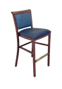 Hudson Bar Stool. Faux Leather Seat. Backrest in Blue fabric. Moisture resistant Seat. wipeable, comfortable, contemporary. 10 Year frame warranty