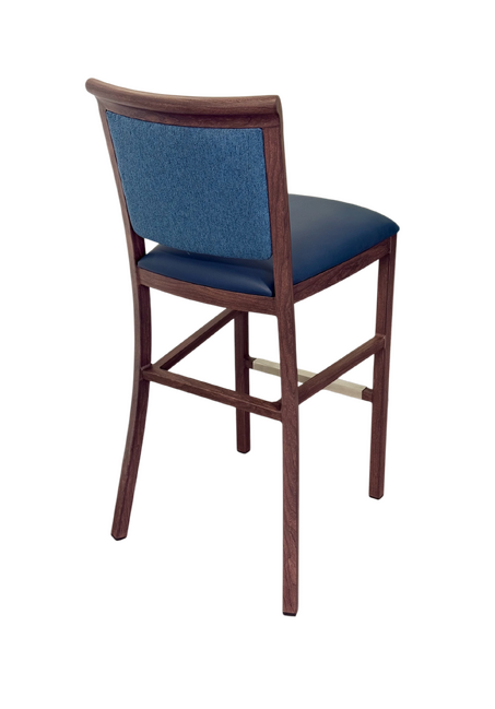 Hudson Bar Stool. Faux Leather Seat. Backrest in Blue fabric. Moisture resistant Seat. wipeable, comfortable, contemporary. 10 Year frame warranty