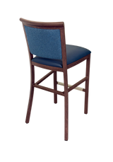 Hudson Bar Stool. Faux Leather Seat. Backrest in Blue fabric. Moisture resistant Seat. wipeable, comfortable, contemporary. 10 Year frame warranty - Front View