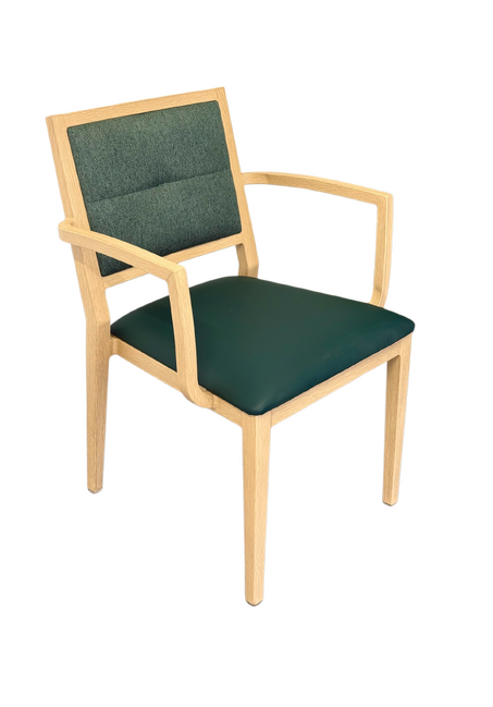 Handrix Dining Chair Stackable. Faux Leather Seat. Backrest in green fabric