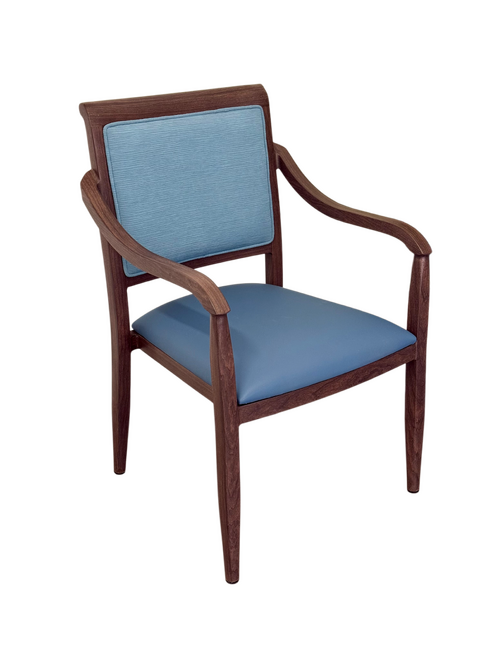 Hugh Dining Chair Stackable. Faux Leather Seat. Backrest in Blue Textures fabric. 10 Yr Guarantee. moisture Proof Seat.