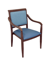 Hugh Dining Chair Stackable. Faux Leather Seat. Backrest in Blue Textures fabric. 10 Yr Guarantee. moisture Proof Seat.