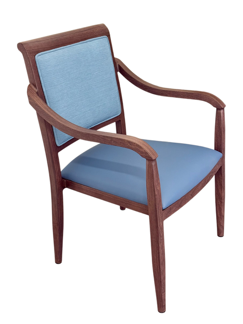 Hugh Dining Chair Stackable. Faux Leather Seat. Backrest in Blue Textures fabric. 10 Yr Guarantee. moisture Proof Seat.