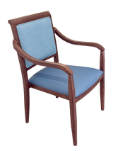 Hugh Dining Chair Stackable. Faux Leather Seat. Backrest in Blue Textures fabric. 10 Yr Guarantee. moisture Proof Seat. - Front View