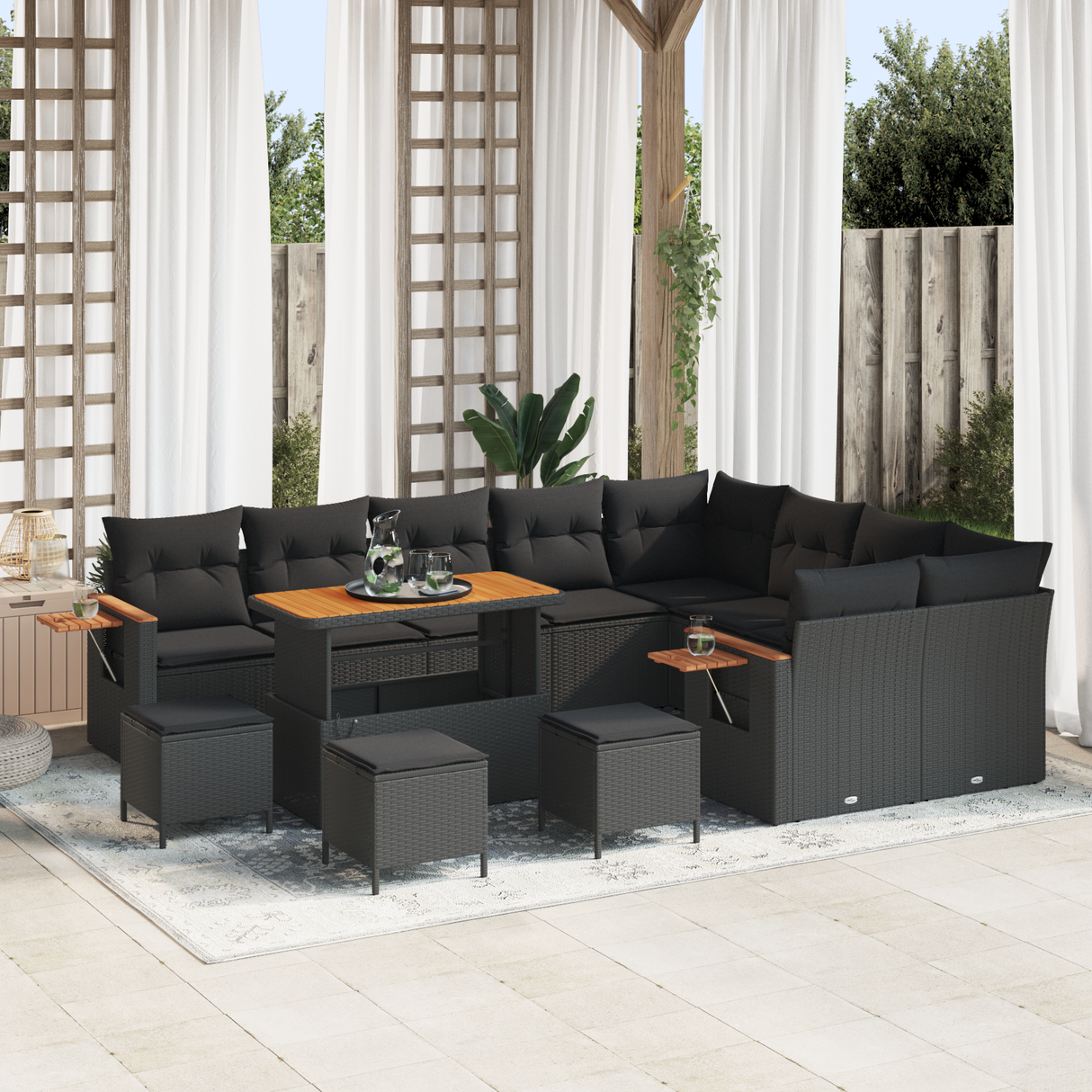 Garden Sofa Set with Cushion 14 pcs Black Poly Rattan