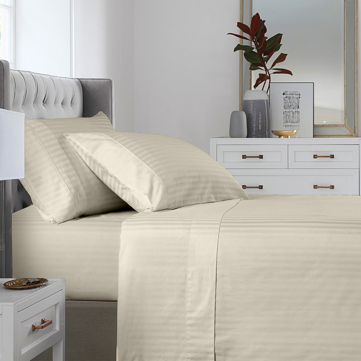 KENSINGTON 1200TC COTTON SHEET SET IN STRIPE-QUEEN -  SAND-1951134850446659585