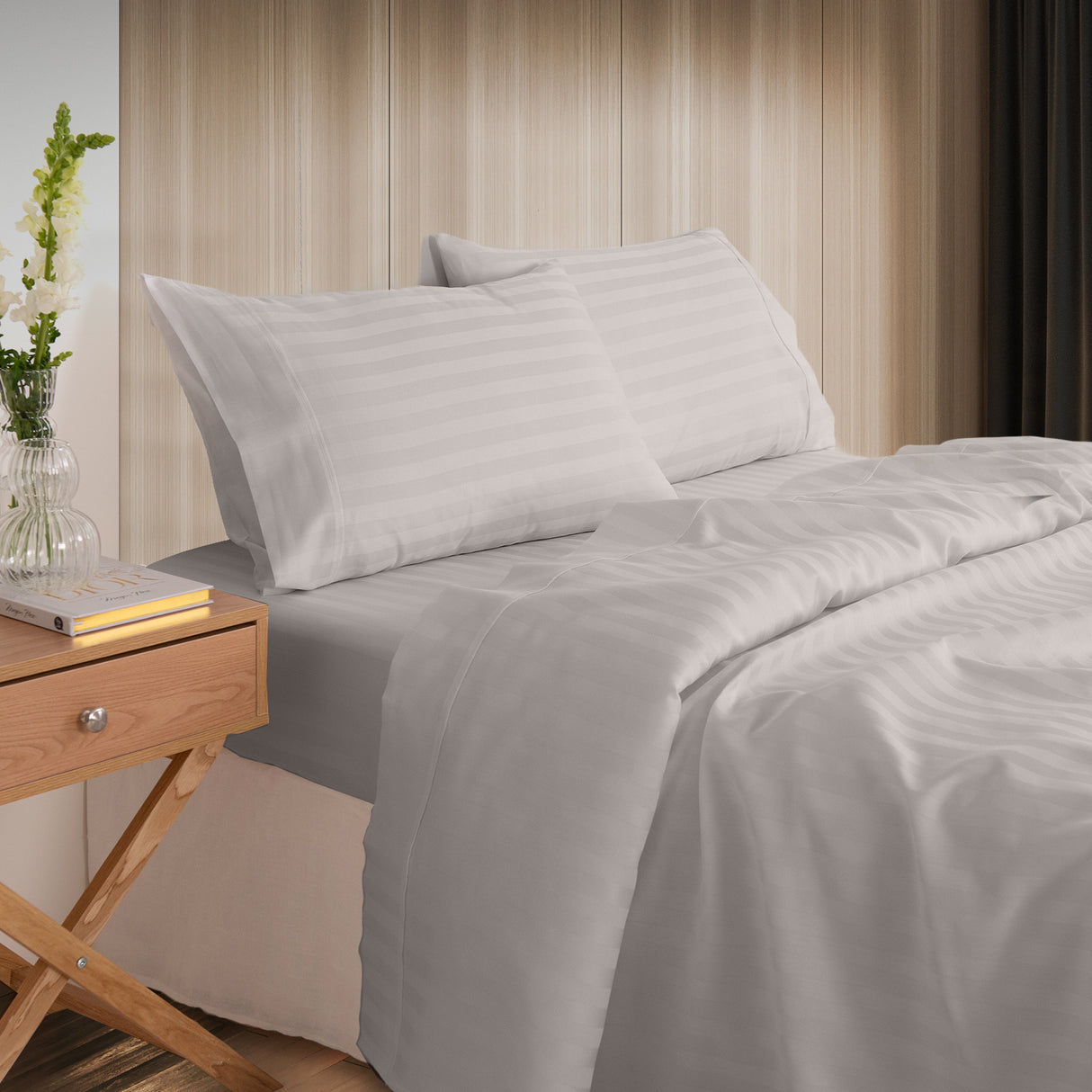 KENSINGTON 1200TC COTTON SHEET SET IN STRIPE-QUEEN - SILVER (GREY)-1951134850631208960