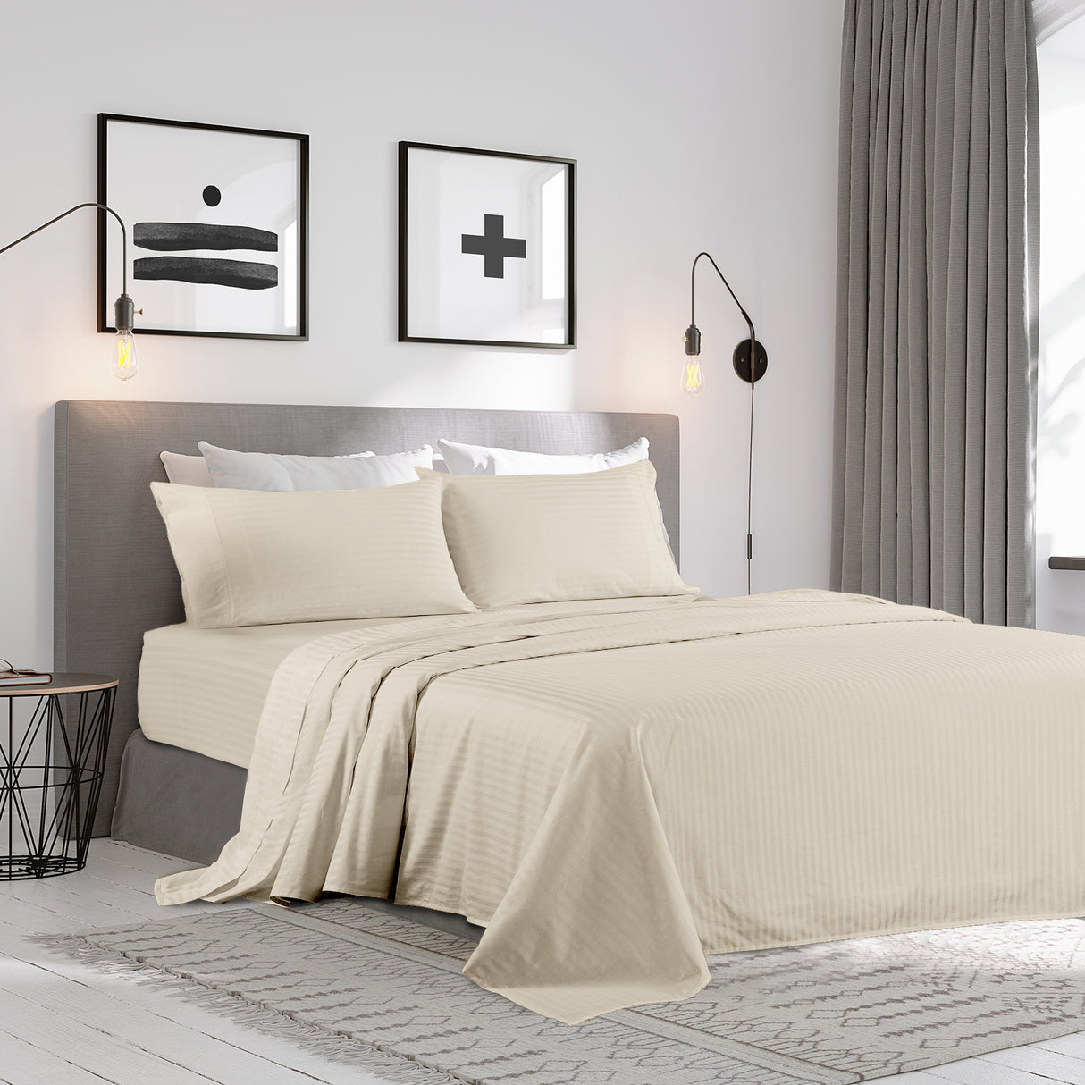 KENSINGTON 1200TC COTTON SHEET SET IN STRIPE-KING - SAND-1951134851184857090