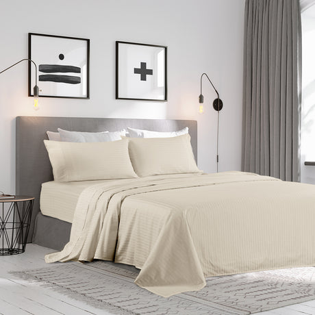 KENSINGTON 1200TC COTTON SHEET SET IN STRIPE-KING - SAND-1951134851184857090