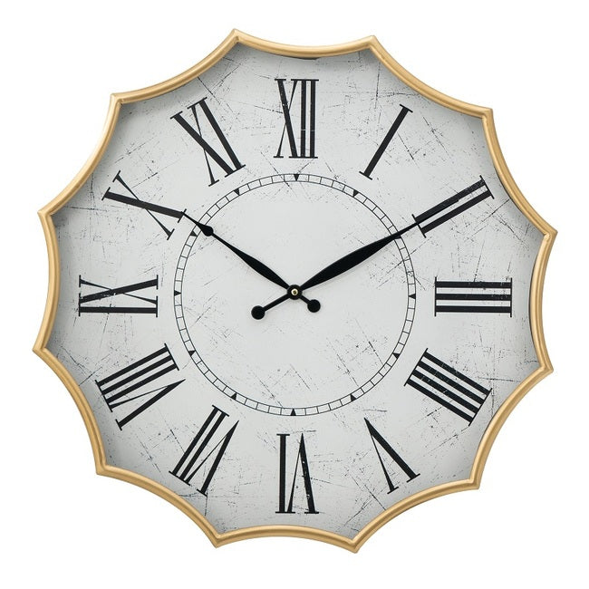 Scalloped Wall Clock, Featuring a crisp white clock face with bold Roman numerals, this design is framed by a stunning gold scalloped edge for a touch
