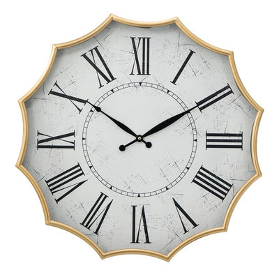 Scalloped Wall Clock, Featuring a crisp white clock face with bold Roman numerals, this design is framed by a stunning gold scalloped edge for a touch