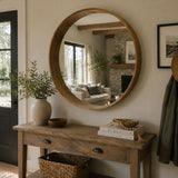 Yarrabah Round Mirror 80cms round Pine Wood. II is a perfect circle of glass encompassed by a solid wood frame with narrow edging