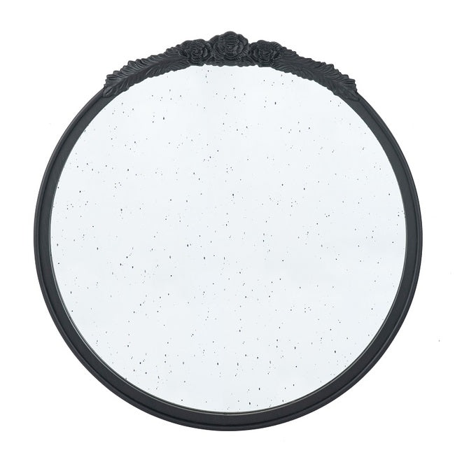 Bingley Rose Black Speckled Round Mirror 74cm hand Carved rose embellishment on the top arch