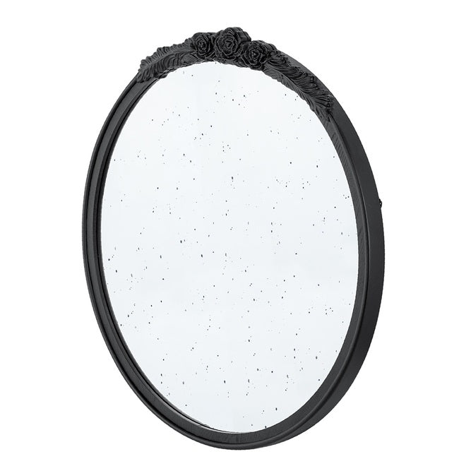 Bingley Rose Black Speckled Round Mirror 74cm hand Carved rose embellishment on the top arch