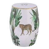 Jungle Themed Ceramic Stool. The cheetah and jungle graphic play into the natural, bohemian feel. Used as either a stool or an end table - Front View