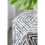 Black & White Hexagon Stool. The angular faces of this hexagon pedestal stool feature an exquisite linear diamond design and Capiz inlay