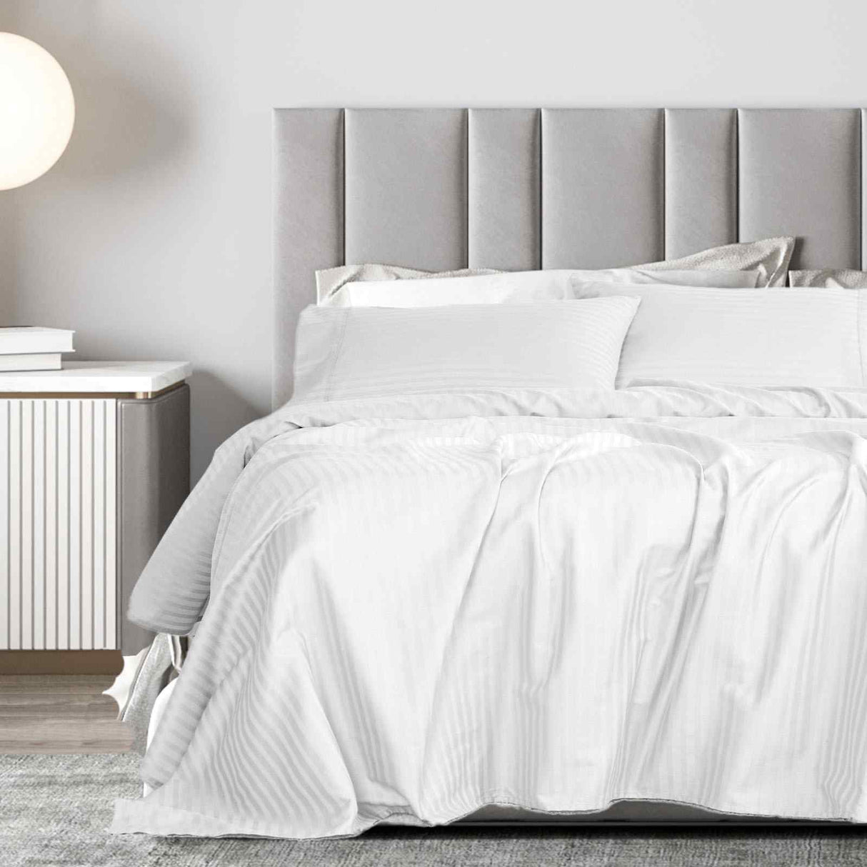 Royal Comfort 1200 Thread count Damask Stripe Cotton Blend sheet sets Queen White-1951134866385014785