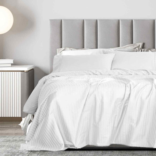 Royal Comfort 1200 Thread count Damask Stripe Cotton Blend sheet sets Queen White-1951134866385014785