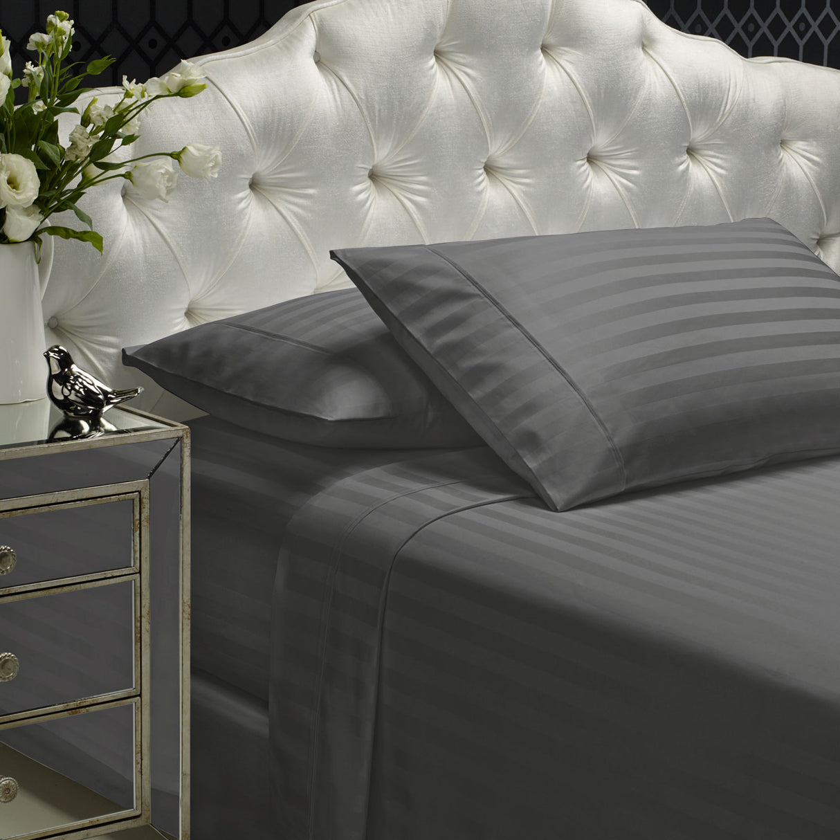 Royal Comfort 1200 Thread count Damask Stripe Cotton Blend sheet sets Queen Charcoal Grey-1951134866577952768