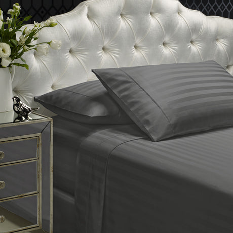 Royal Comfort 1200 Thread count Damask Stripe Cotton Blend sheet sets Queen Charcoal Grey-1951134866577952768