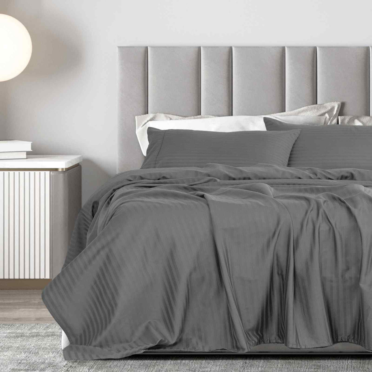 Royal Comfort 1200 Thread count Damask Stripe Cotton Blend sheet sets Queen Charcoal Grey-1951134866577952769