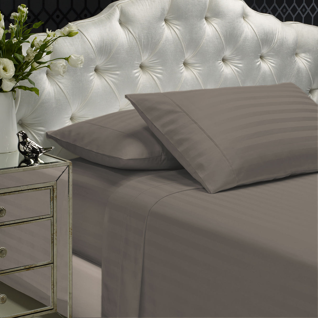 Royal Comfort 1200 Thread count Damask Stripe Cotton Blend sheet sets King Pewter-1951134870906474496
