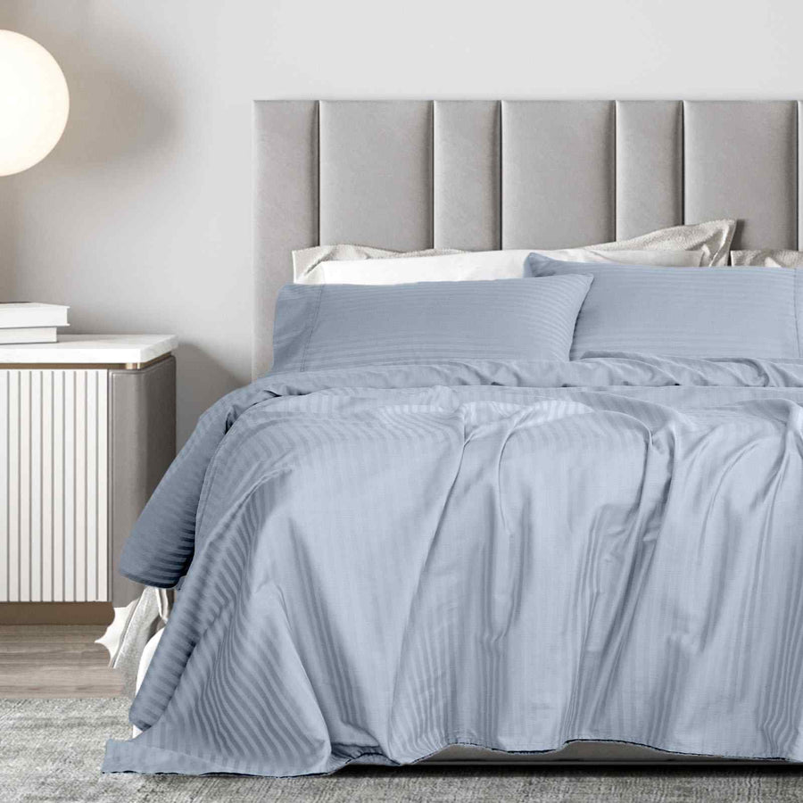 Royal Comfort 1200 Thread count Damask Stripe Cotton Blend sheet sets Queen Blue Fog-1951134871242018817