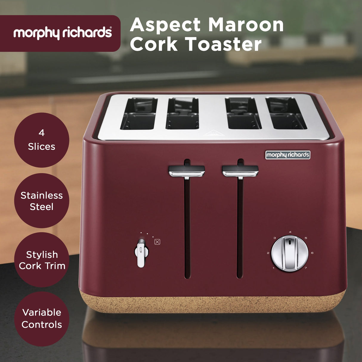 Morphy Richards Aspect 4-Slice Toaster - Maroon with Cork-Effect Trim