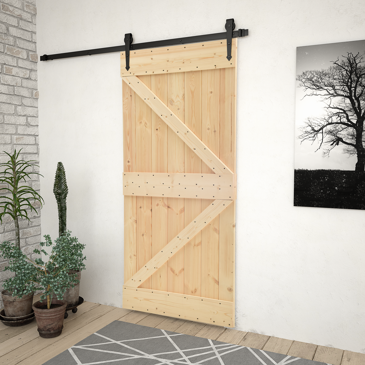 Sliding Door Natural and Black 100 x 210 cm Solid Pine Wood