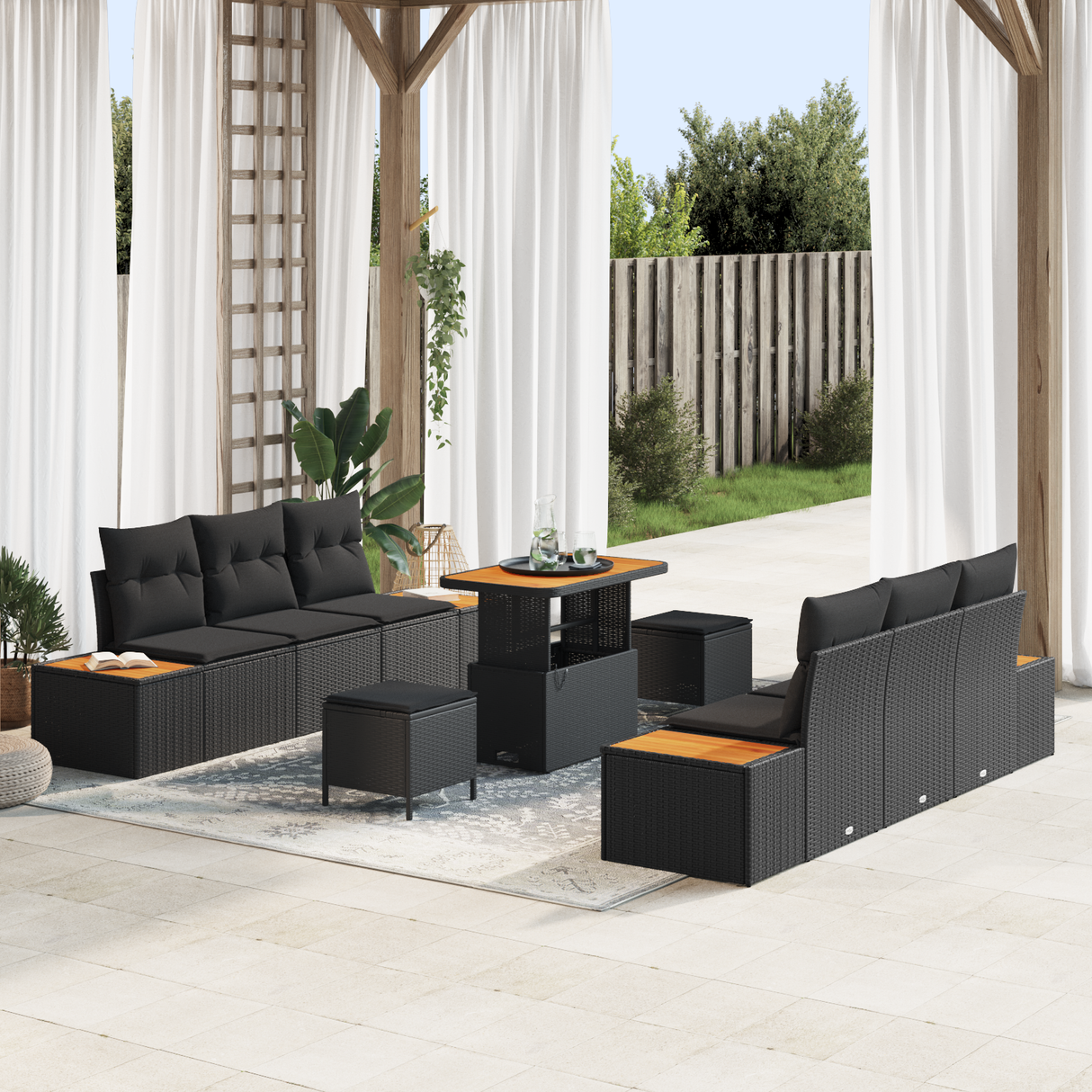 Garden Sofa Set 9 pcs Black Poly Rattan and Powder-coated Steel
